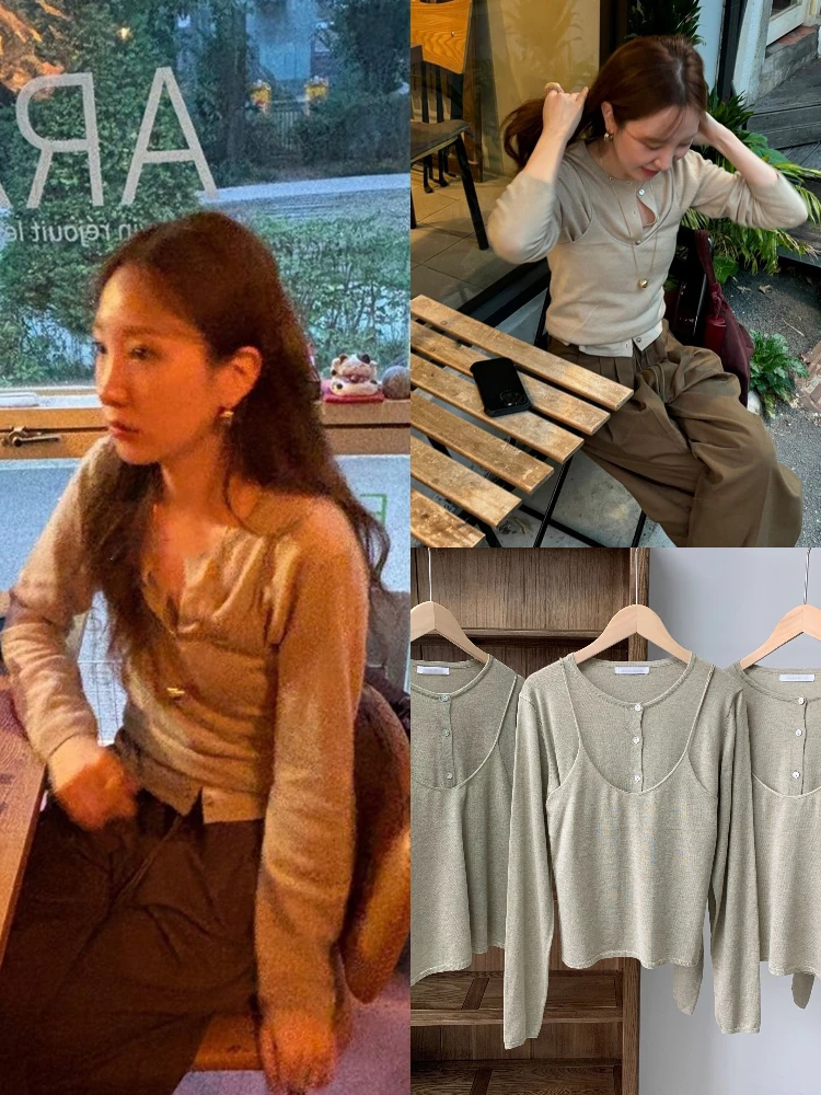 

Slim Fit Knitted Cardigan And Tank Top Two Piece Set round Ne Open Front Soft Sle Thin Top Women's Casual Wear Long Sve