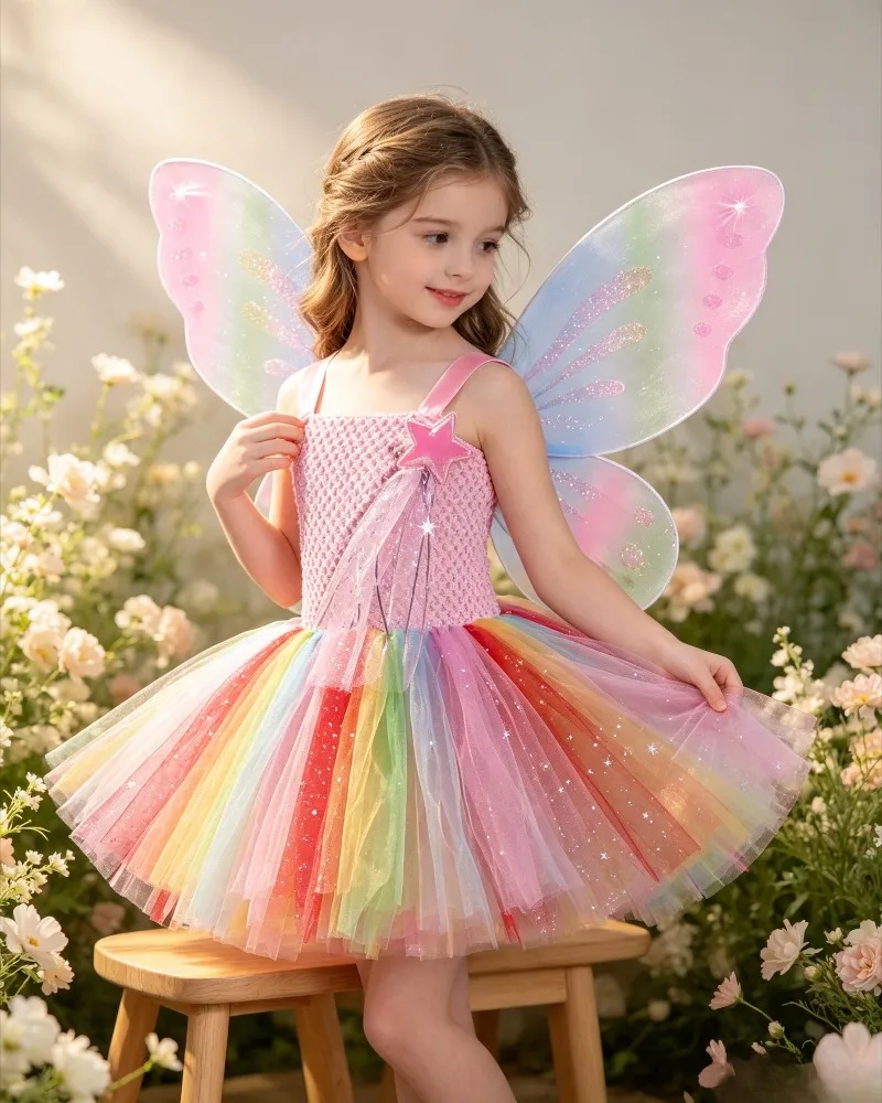 New Halloween Girls Butterfly Wing Fairy Tulle Dress Kids Sparkle Tutu Outfit Princess Style For Outdoor Event Stage Performance