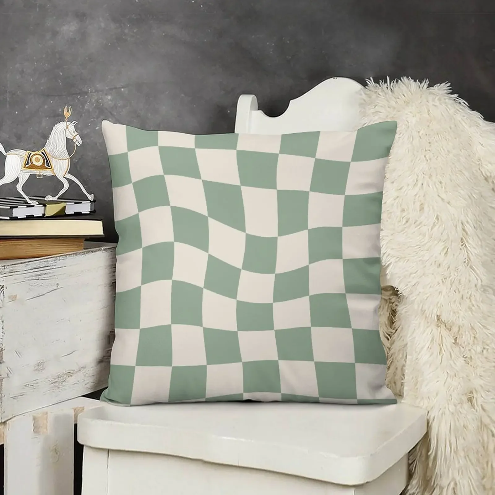 

Sage Green Warped Checkered Pattern Checkerboard Throw Pillow Plaid Sofa christmas pillow case pillow