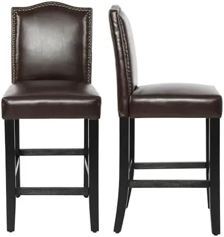 Counter Height Bar Stools Set of 2, Brown PU Upholstered, Bronze Nail Backrest, Solid Wood Legs