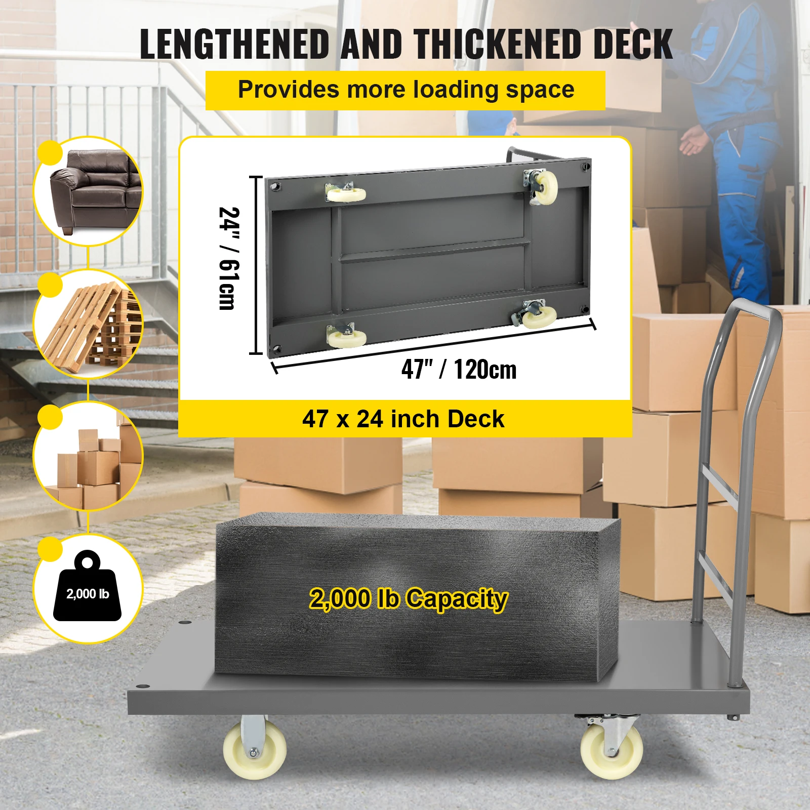 VEVOR Platform Truck 2000lbs Capacity Steel flatbed Tool Cart 47" L x 24" W x 32" H Flat Dolly Hand Trucks with 5" Nylon Casters