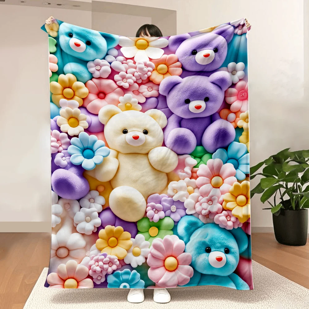 1PC Pastel Teddy Bear Print Blanket-Made of Soft Plush Fabric. Perfect for Bed or Sofa Use. Ideal for Home Decor, Christmas Deco