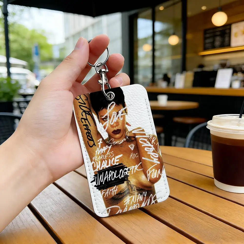 Hot Singer R-RIHANNA 1Pc PU Leather Card Holder Keychain Key Ring Door Lock Access Tags ID Card Case Keychain Card