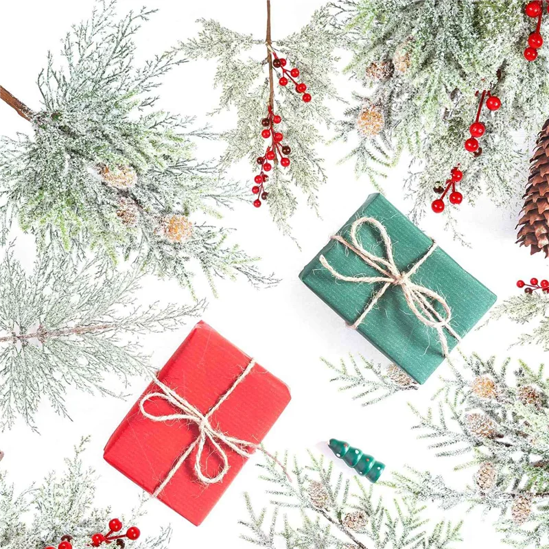 

Ultra 6Pcs Christmas Parts Red Berries Stems Pine Branches With Snow 19Inch Frosted Faux Cedar Sprays Artificial Christmas Pine