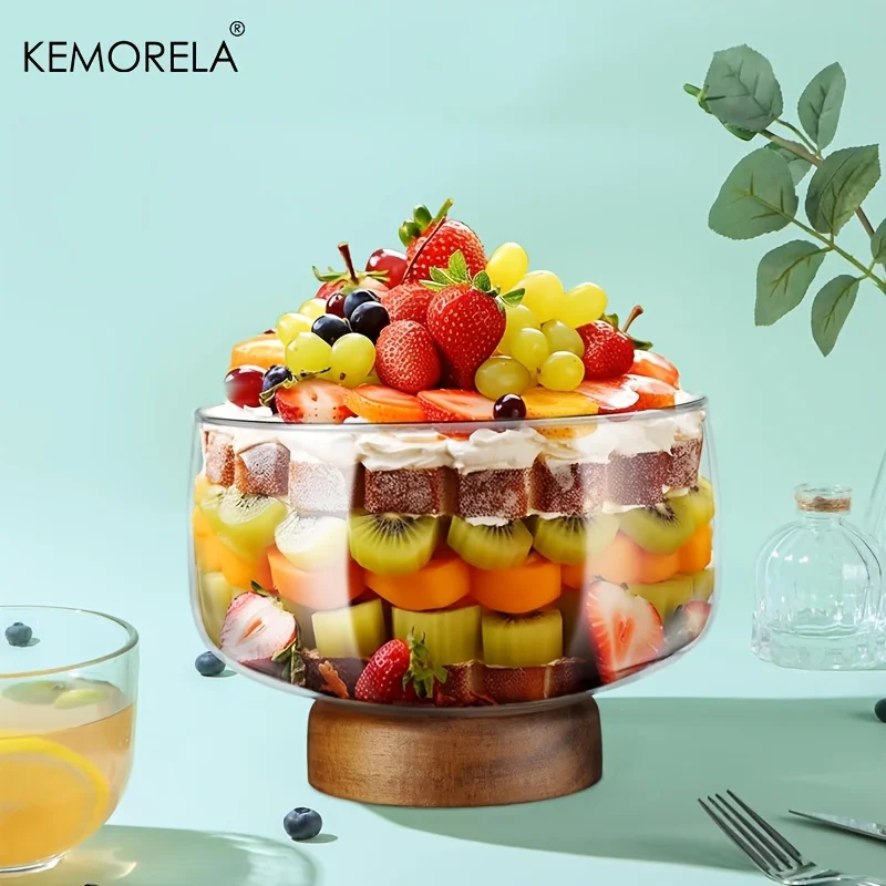 

Большая стеклянная миска для торта с деревянной подставкой Элегантный универсальный сервировочный поднос для тортов, салатов, десертов - прочный, легко чистится