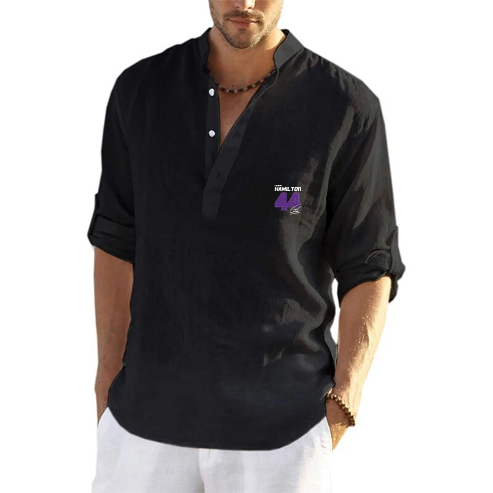 Lewis Hamilton Digital 44 Cotton Linen Long Sleeve Shirt Men Henley Neck Solid Color Lightweight Breathable Slim Fit Top