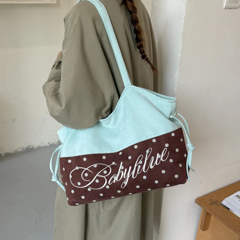 Ins Korean Color Block Patchwork Tote School Bag Polka Dot Plaid Star Drawstring Shoulder Bag Casual Shopping Travel Organizer