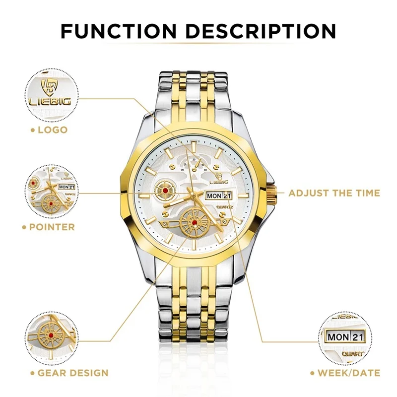 LIEBIG  Watch For Men Quartz Movement Golden Top Brand Luxury Stainless Steel Strap Date Week Wristwatch Clock relogio masculino