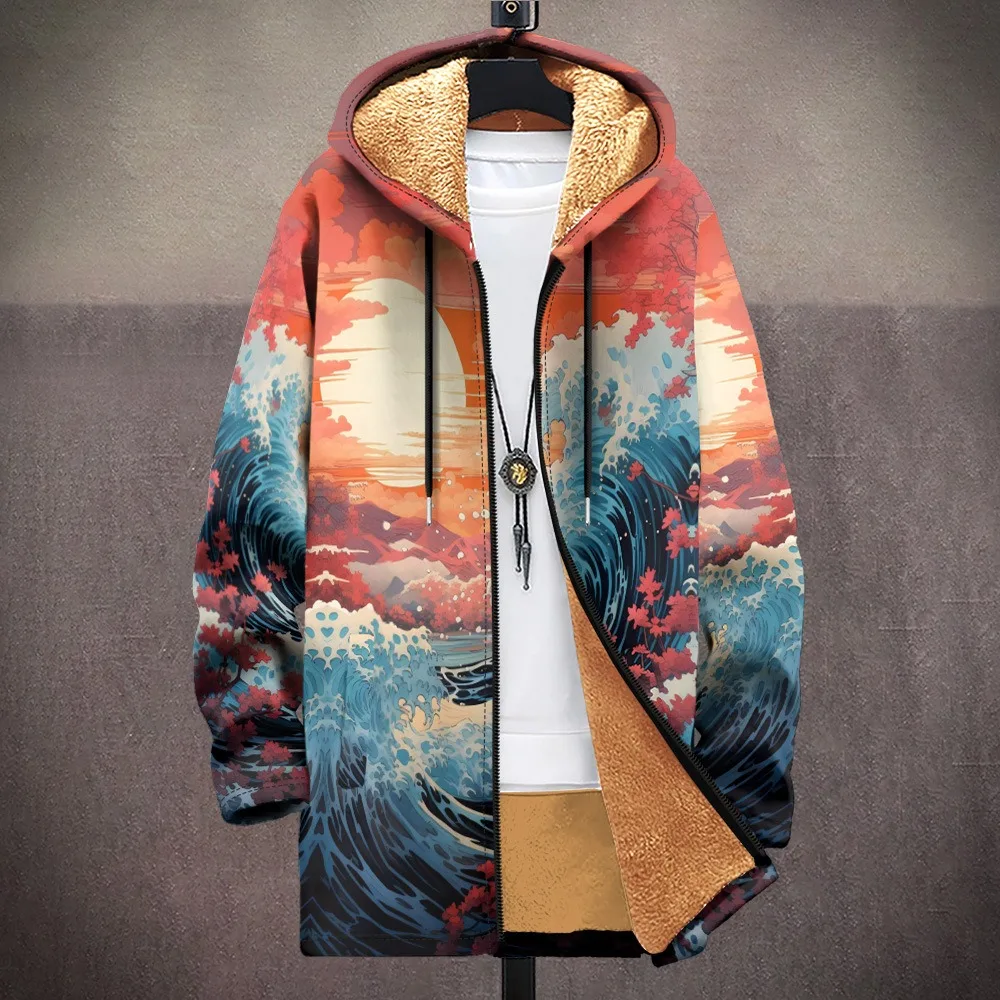 Men Cardigans Coats The Great Wave Printed Plush Thick Winter Abstract Art Graphics Jackets Casual Streetwear Unisex Clothing