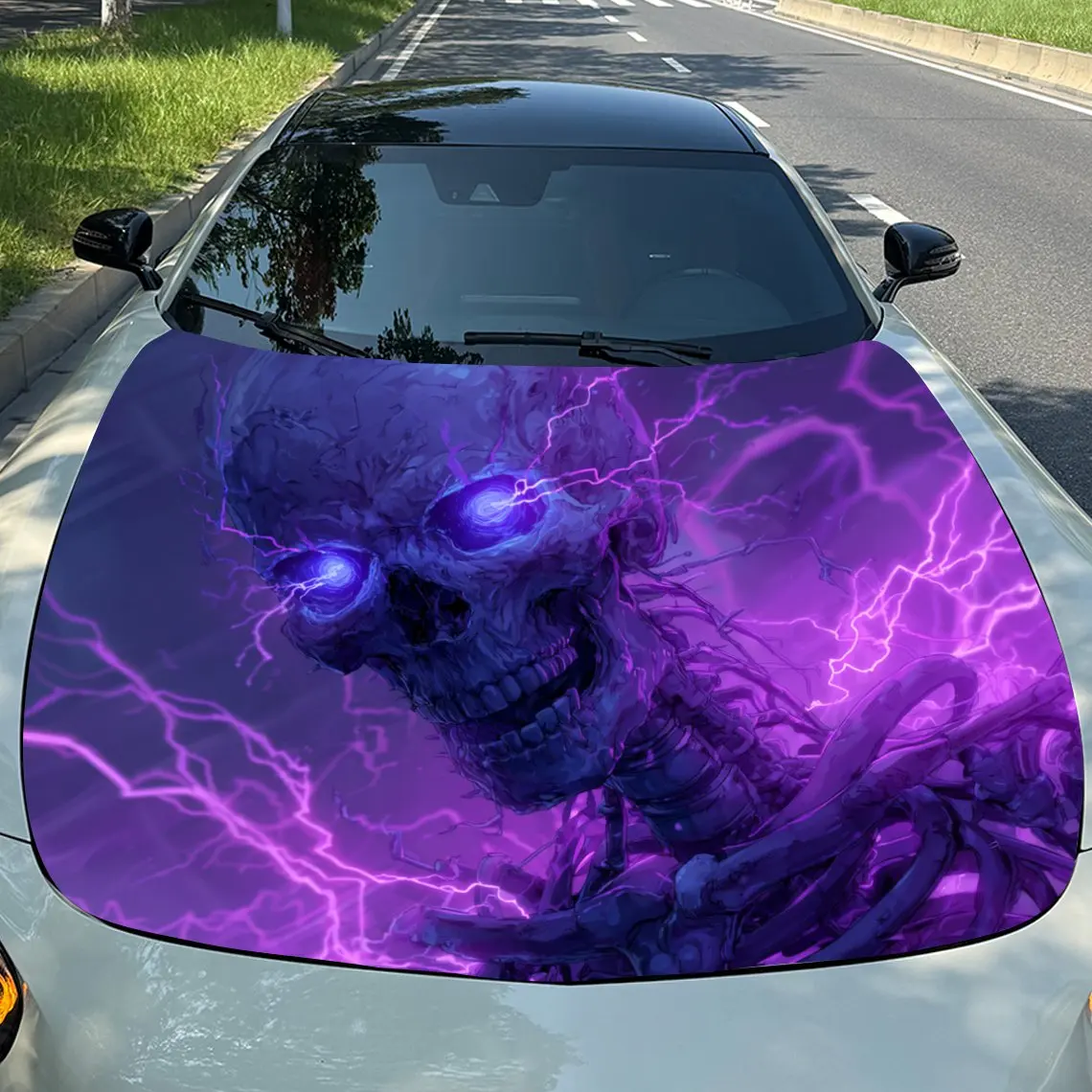 

Purple Eyed Lightning Skull Car Vinyl Wrap, PVC Waterproof Car Hood Sticker, Self-Adhesive Scratch-Resistant Stickers For Engine