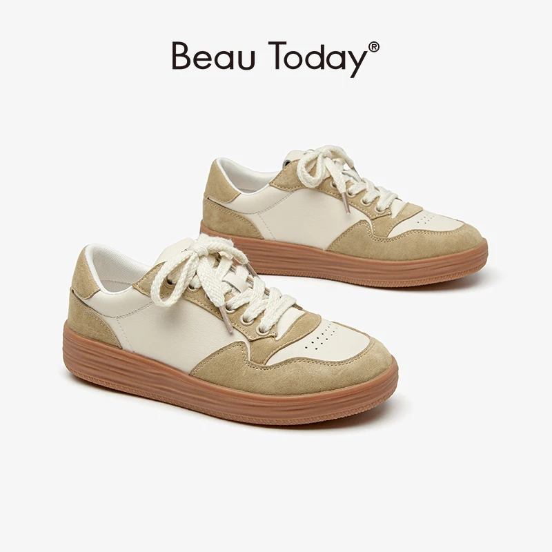 Beautoday Sneakers kobiety świnia zamszowe oddychające płaskie sznurowane mieszane kolory okrągłe Toe damskie obuwie Handmade 29829