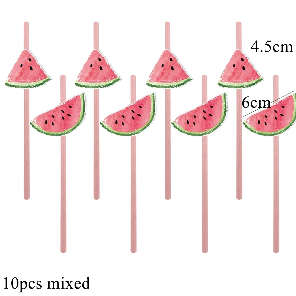 1Set Watermelon Eco-Paper Straws Hanging Banner Cake Toppers for Summer Watermelon Birthday Party Decor Kids Gifts Supplies