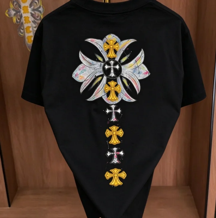 2026 new crew neck short sleeve tee, vertical floral cross painted print on back, American retro street style, unisex loose fit