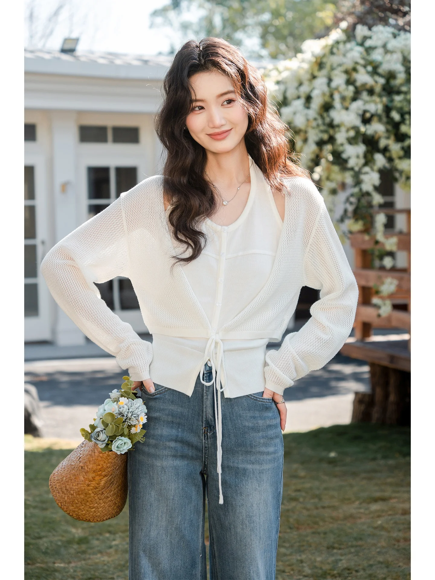 

Cherry Blossom Spring Summer New Sle Beige Knitted Cardigan And Top Two-Piece Set Women's Polyester Fiber Long Sve ort...