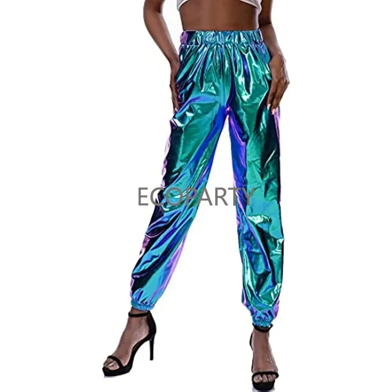 Fenyong-Pantalones metálicos brillantes para mujer, pantalón de chándal holográfico de discoteca para los años 70 y 80, disfraz de Halloween de Alien Space Cowgirl, ocio