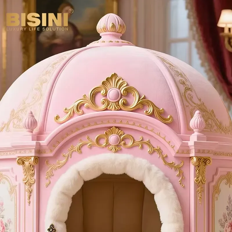 Classical Pink Solid Wood Hand Carving Human Pet Integrated Home Furniture Fireplace Style Cat Dog Villa Cat Dog House Nest