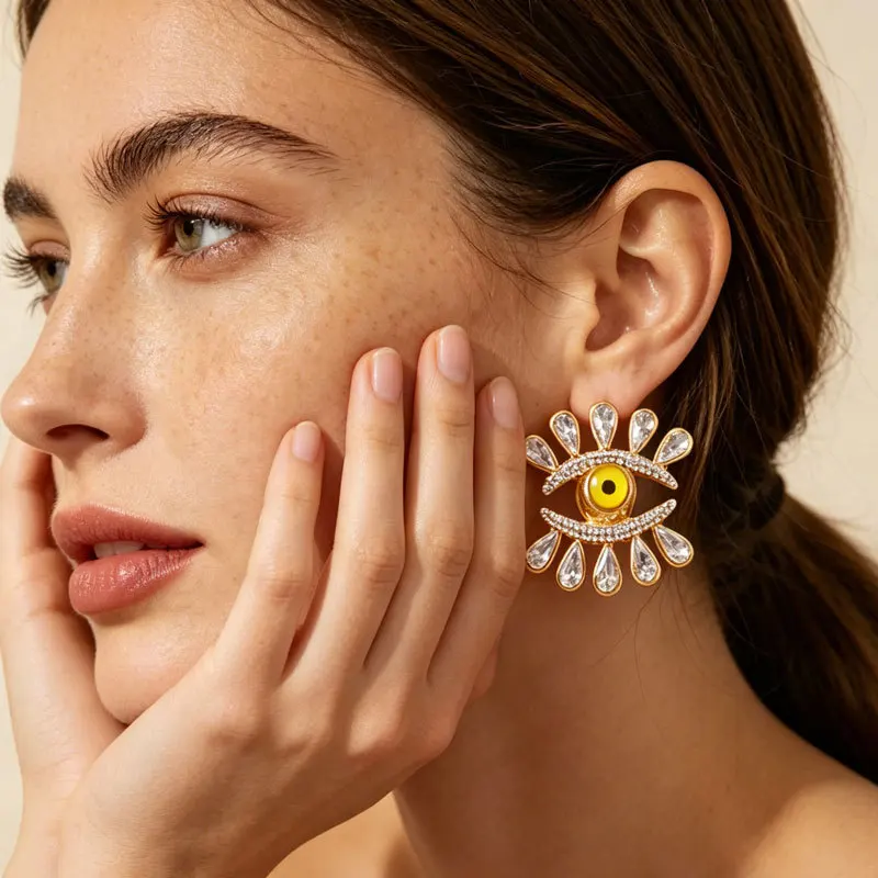 Devil's Eye full diamond earrings Eye set with diamond abstract design metallic texture earrings