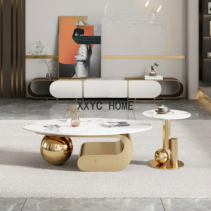 

Light Luxury Oval Stone Plate Coffee Table TV Cabinet Combination Modern Living Room Storage