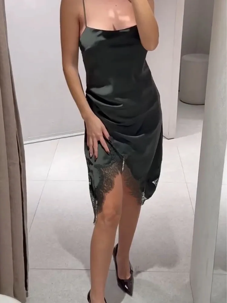 HH Donna Estate Moda Raso di seta Texture Decorazione in pizzo multistrato Abito sexy con fionda Abito longuette elegante e confortevole femminile