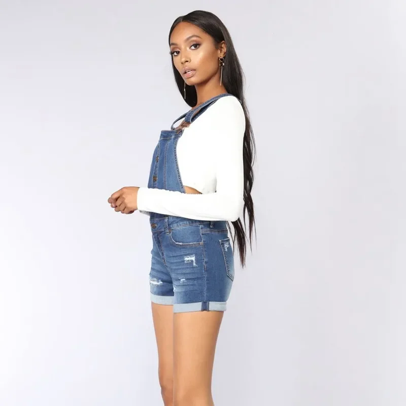 2024 New Summer Short Denim Overalls Women Hole  Jumpsuit High Waist Casual Jeans Playsuit Washed Salopette Straps Girls Romper