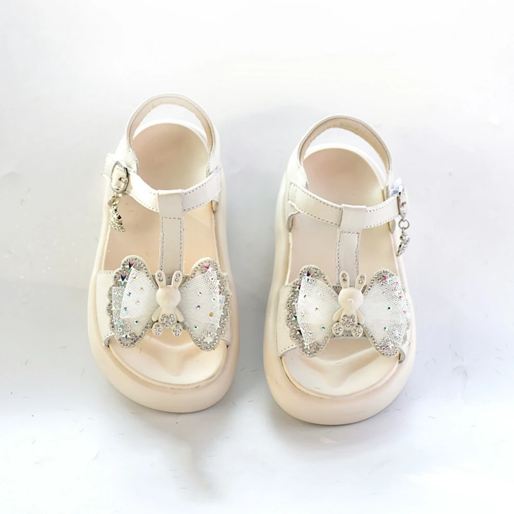 Genuine leather Summer Sweet Crystal Bow Rabbits Girls Sandals High quality Cushioning Children's garden Sandals 6T 8T