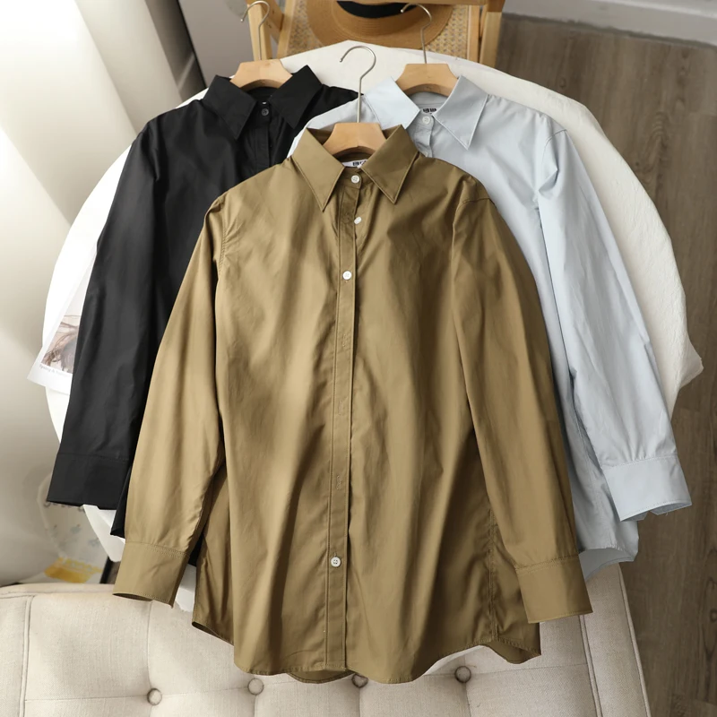 Plain Simple Lapel Single-Breasted Long-sleeved Shirt Handsome Neat Neutral Style