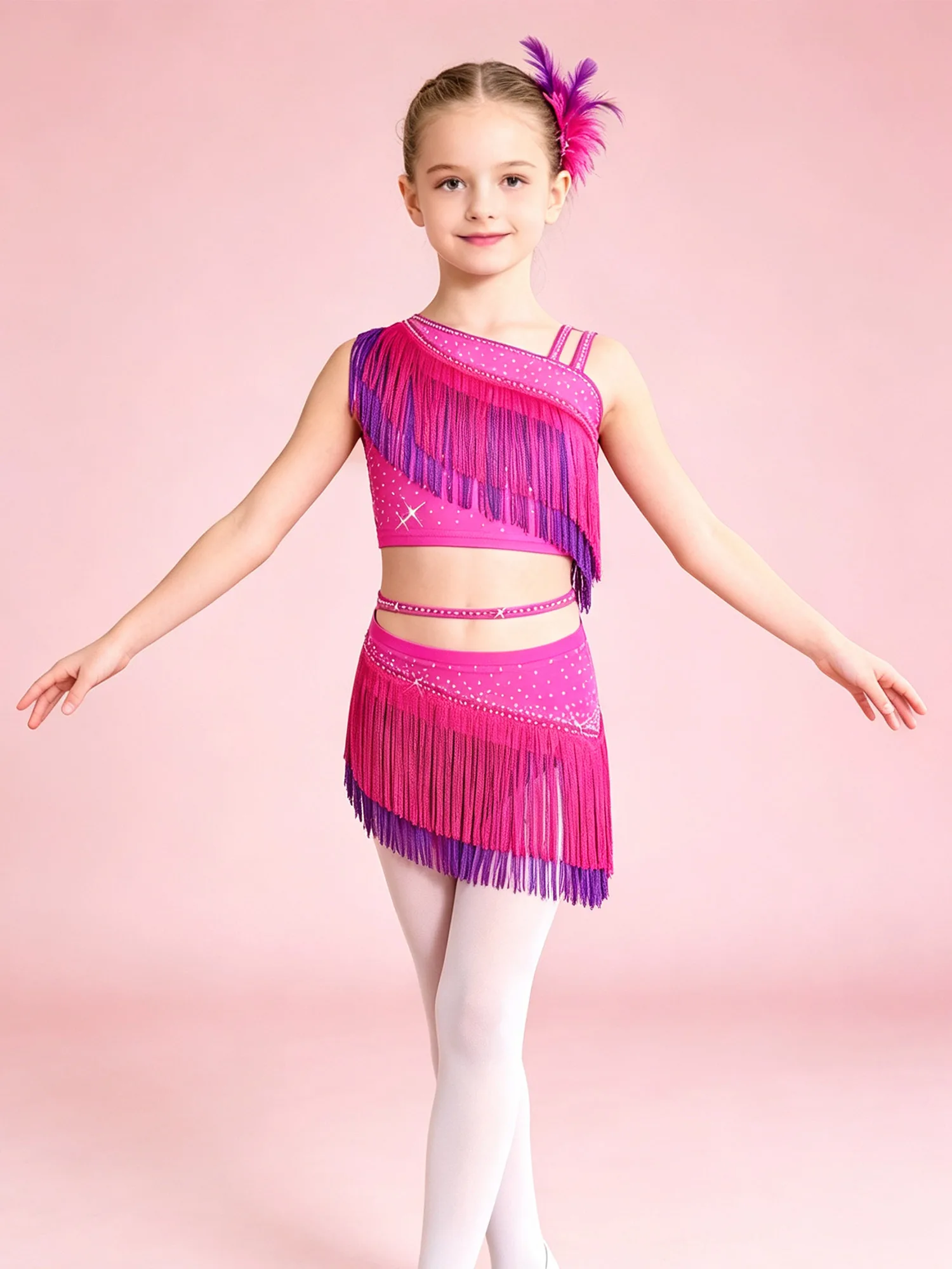 Girls Ballet Latin Dance Performance Outfit Kids Crop Tops with Tassels Skirt Suit for Samba Rumba Cha-Cha Training Competition