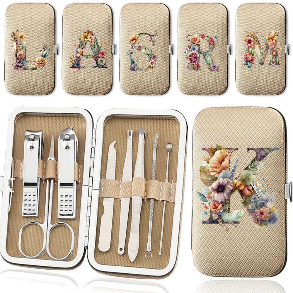 8pcs Nail Clippers Set Manicure Kit Stainless Steel Pedicure Nipper Trimmer Tool Organizer Portable Case Floral Letter Pattern