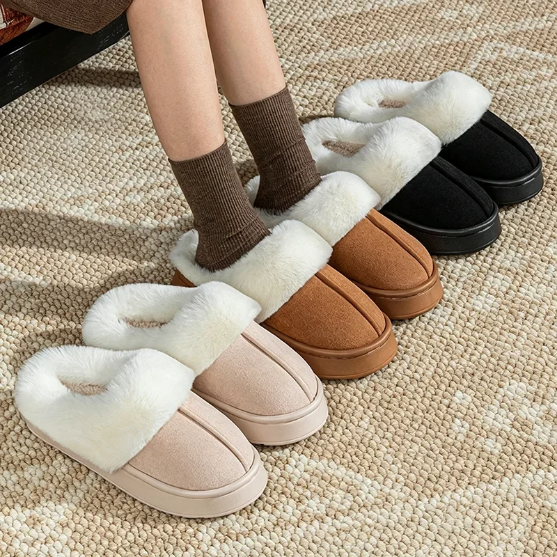 Chunky Platform Long Plush Warm Winter Slippers for Women 2026 Non Slip Flock Home Indoor Shoes Woman Slip On Cotton Mule Slides image 6