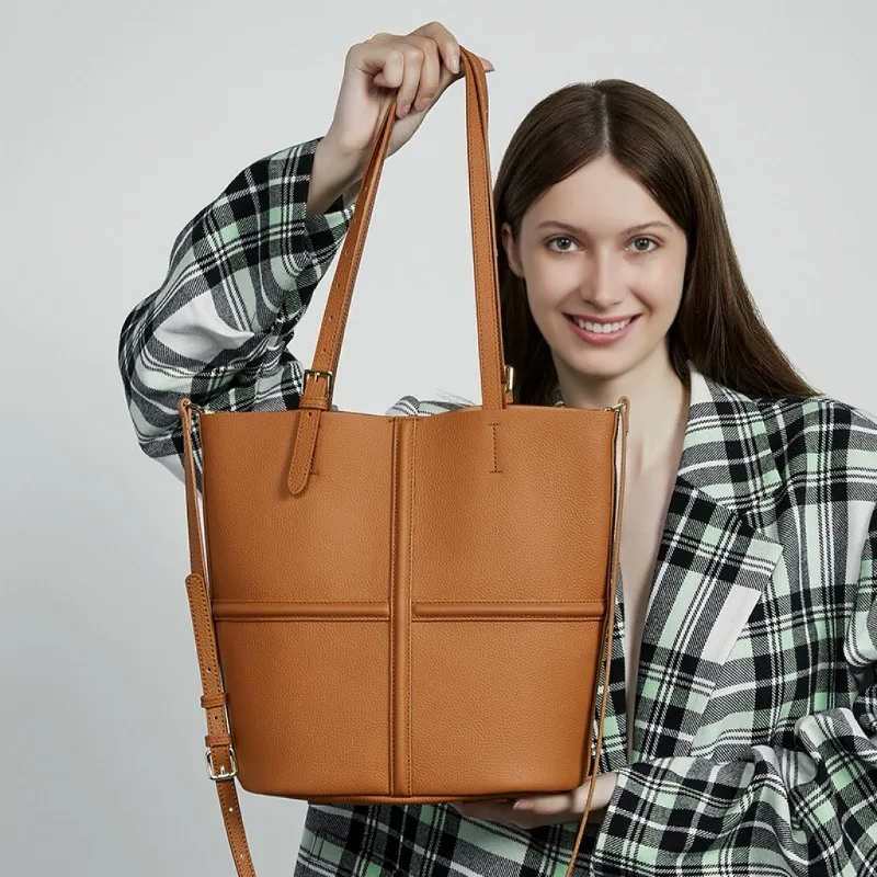 Vintage Work Tote Bag for Women Top Grain Leather Convertible Adjustable Crossbody Strap with Detachable Pouch Luxury Handbag
