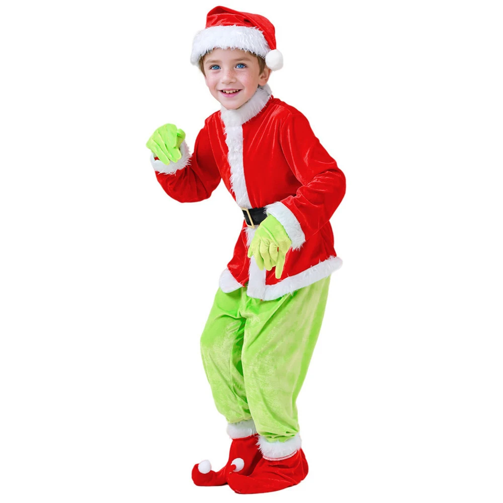 New Children's Christmas Costumes Green Haired Monster Grinch Cosplay Costume Santa Claus Plush Velvet New Year Eve Party Outfit