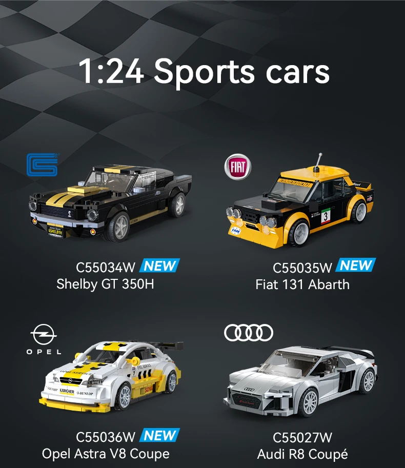 CaDA Juego de bloques de construcción 1:24 con licencia oficial / Bloques de construcción de automóviles deportivos / Coches clásicos / Audi A8 / Opel / Shelby / Fiat