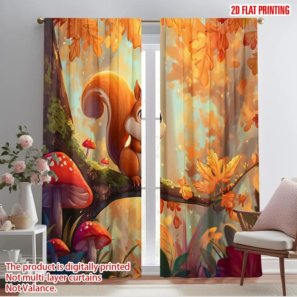 2pcs,2D plane printing Minimalist Curtains Squirrel in Autumn 100% Polyester (without rod) Art Deco Festive Perfect for Bedroom