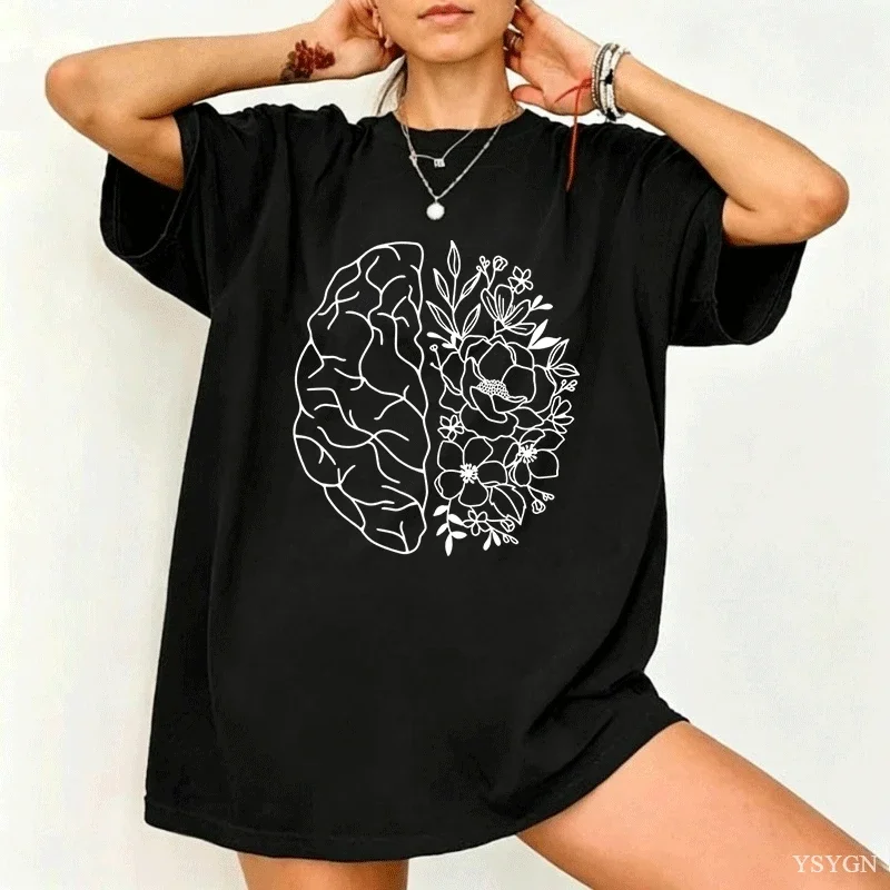 Floral Brain Anatomy T Shirt Mental Health T-Shirt Nurse Nursing School Tshirt Brain Flowers Printed Cotton Short Sleeve Tees