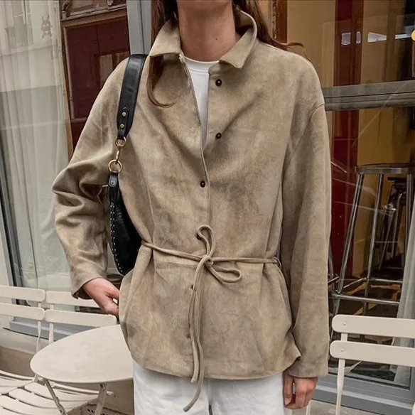 Giacca in pelle scamosciata da donna autunno kaki con lacci Colletto con bavero Camicia monopetto in vita stretta per cappotto femminile stile Instagram da donna
