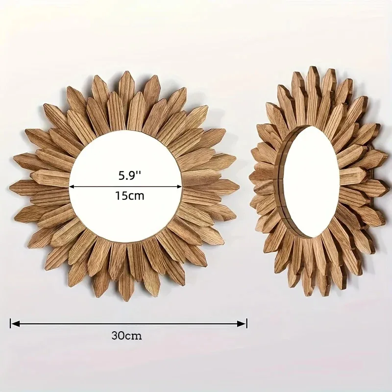 Wooden Sunflower Wall Mirror - Bohemian Style, Creative Makeup & Decor Mirror for Bathroom & Bedroom