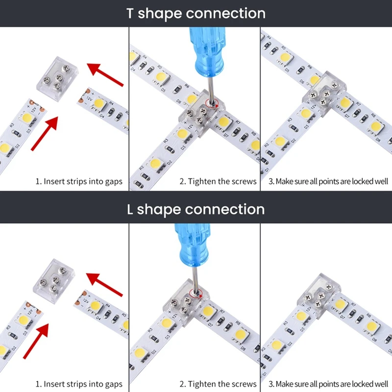 10Pc złącze narożne LED z mocowaniem śrubowym 24V/5A 2P L T złącze do taśmy LED pojedynczy kolor COB IP20