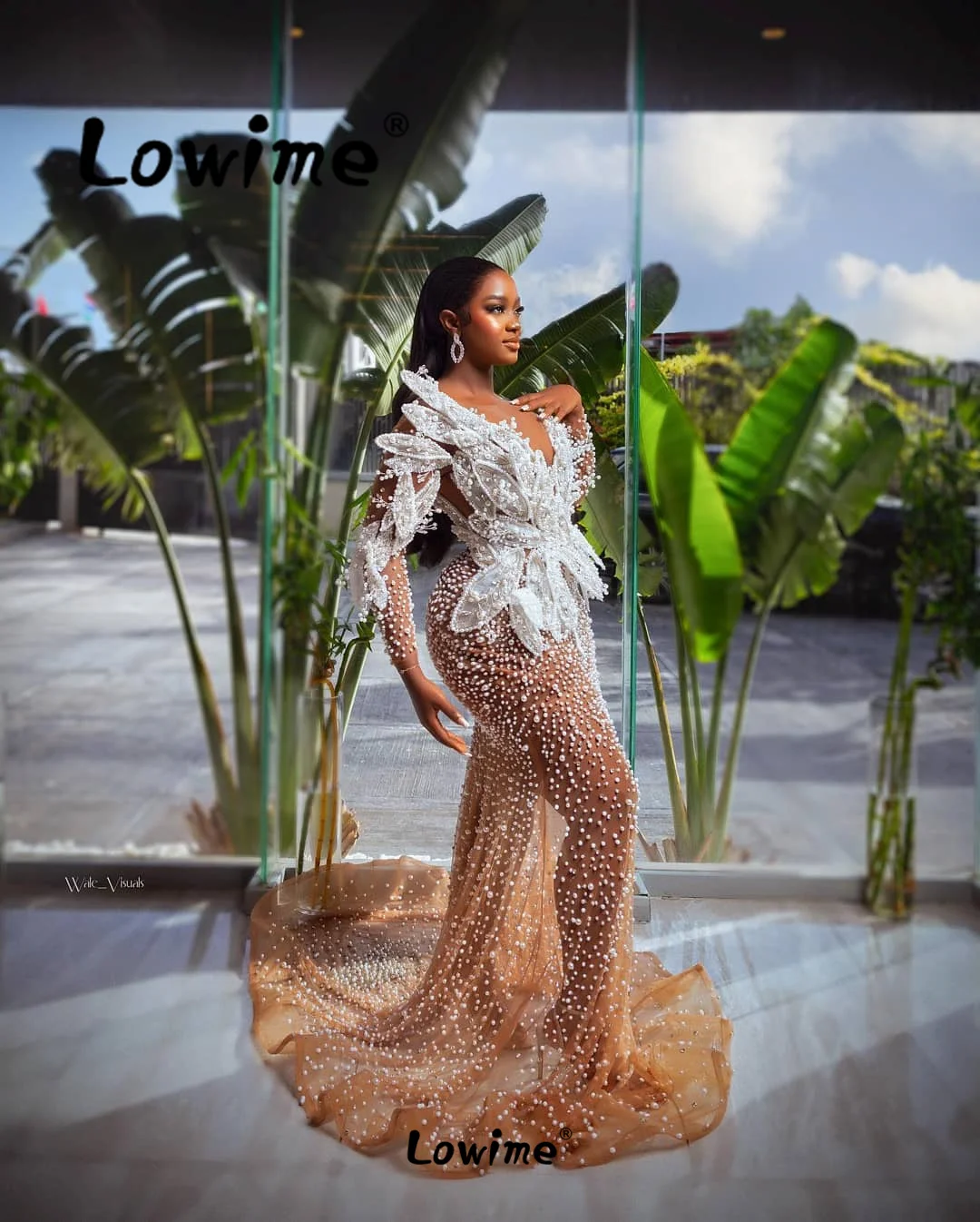 Dark Brown Mermaid Long Sleeves Evening Dresses Arabic African Engagement Gowns Mermaid Full Pearls Beading Prom Party Dresses