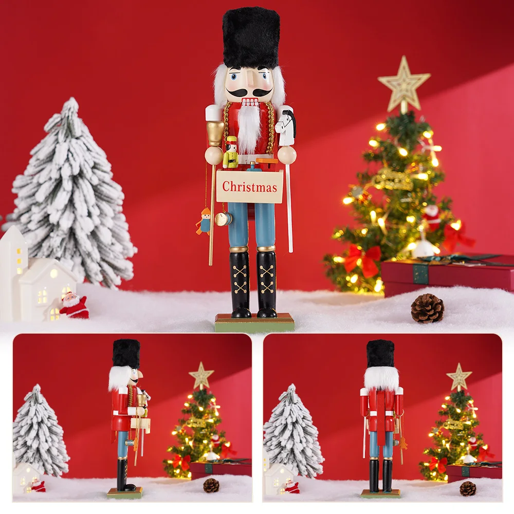 38CM Christmas Nutcracker Wooden Nutcracker Ornament Lift The Plate Soldier Figure Doll Toy Home Office Desktop Decoration Gift