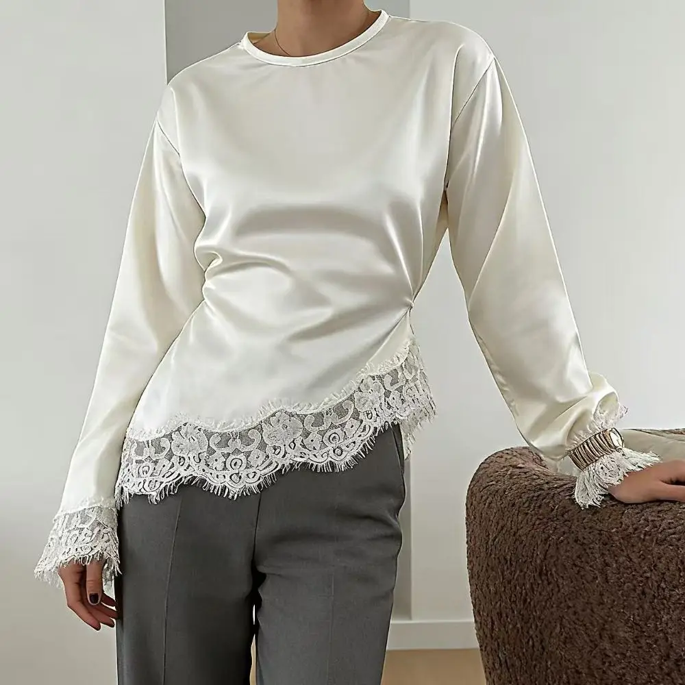 Belted Waist Lace Patchwork Top Flare Sleeve Asymmetrical Design Lace-up Top Solid Color Irregular Hemline Satin Blouse Women