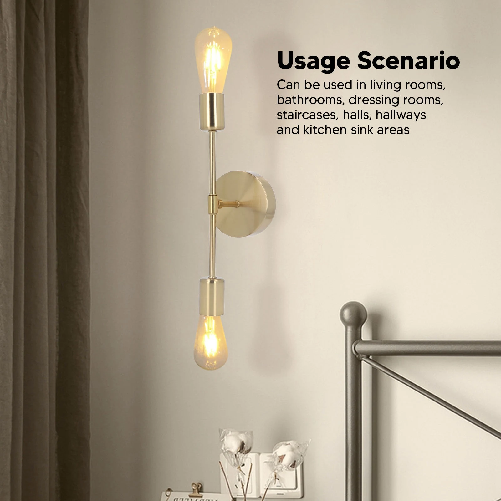 

ZK50 Double Wall Light Base E27 E26 Rust Proof Vintage Wall Lamp Bulb Holder for Living Room Bathroom Gold 85‑265V