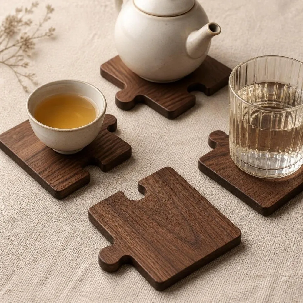 4pcs Vintage Wooden Coaster Set Non Slip Christmas Decor Puzzle Coasters Heat Resistant Building Block Coasters Dining Table
