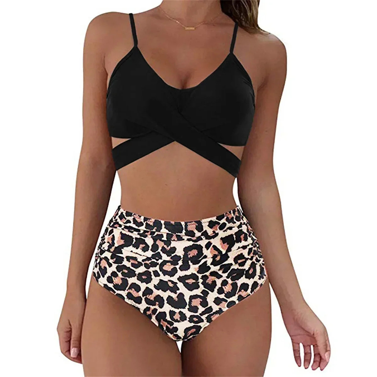 Solid Top Printed Bottom Bikini Set 2023 Sexy Swimwear Women High Waist Swimsuit Cross Push Up Bikini Plus Size Bathing Suit XXL