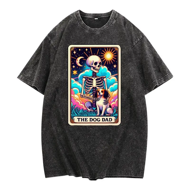

Creative Dog Dad T-shirt Men, Skeleton & Dog Graphic Tee, Mystic Tarot Card Print Top, Vintage Grunge Pet Lover Short Sleeve