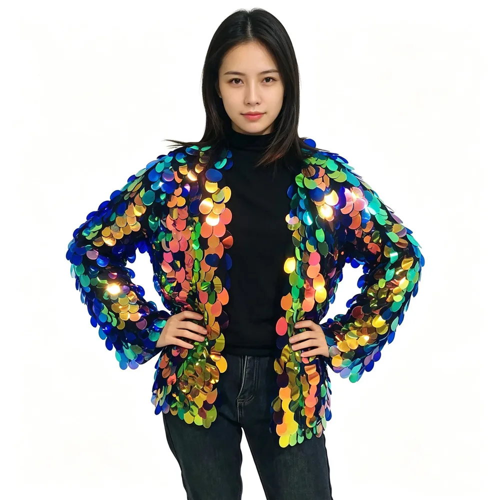 Glitter Sequins Mesh Cape Women Festival Party Stage Shiny Jacket Loose Coat Nightclub Bar Rave Christmas Performance Costume