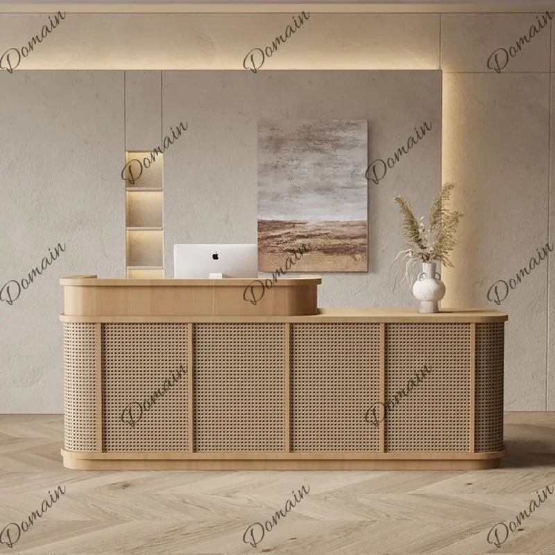 46XX Rattan Weaving Design Computer Desk Office Table Bureaux De Travail Customer Center Reception Counter Schreibtisch Furnitur