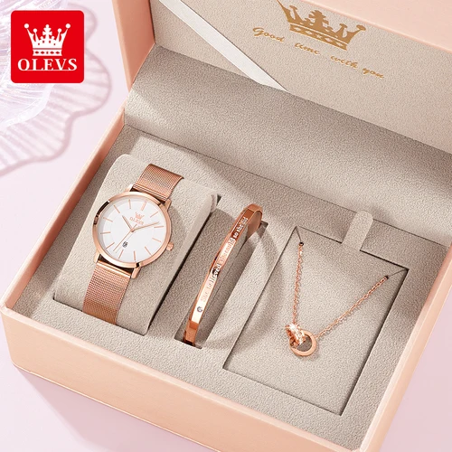 OLEVS reloj de mujer 5869 elegante reloj de pulsera de cuarzo a la moda relojes de fecha impermeables para mujer conjunto pulsera caja de reloj regalos originales