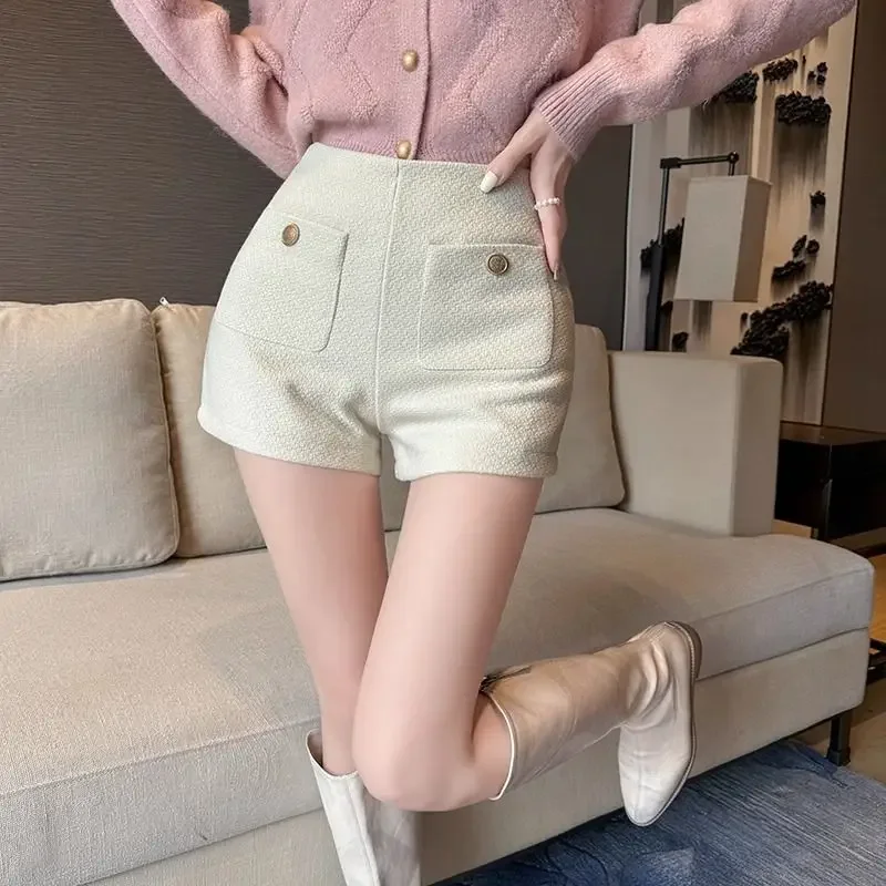 여성용 트위드 블랙 마이크로 반바지, 하이 웨이스트 스트레이트 레그 팬츠, 스위트 핫 걸, 우아한 패션, 가을 및 겨울