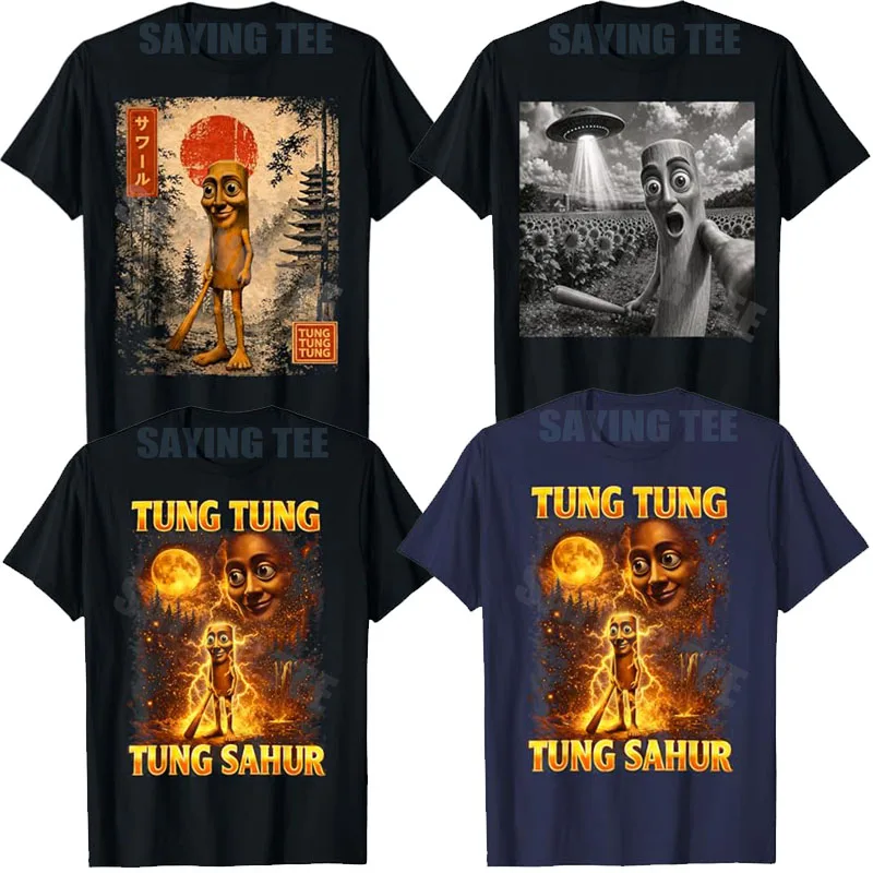 Alien Tung-Tung-Tung Sahur Selfie UFO Aesthetic Clothes Japanese Italian Brainrot Cartoon T-Shirt Tung Sahur At Moon Novelty Tee