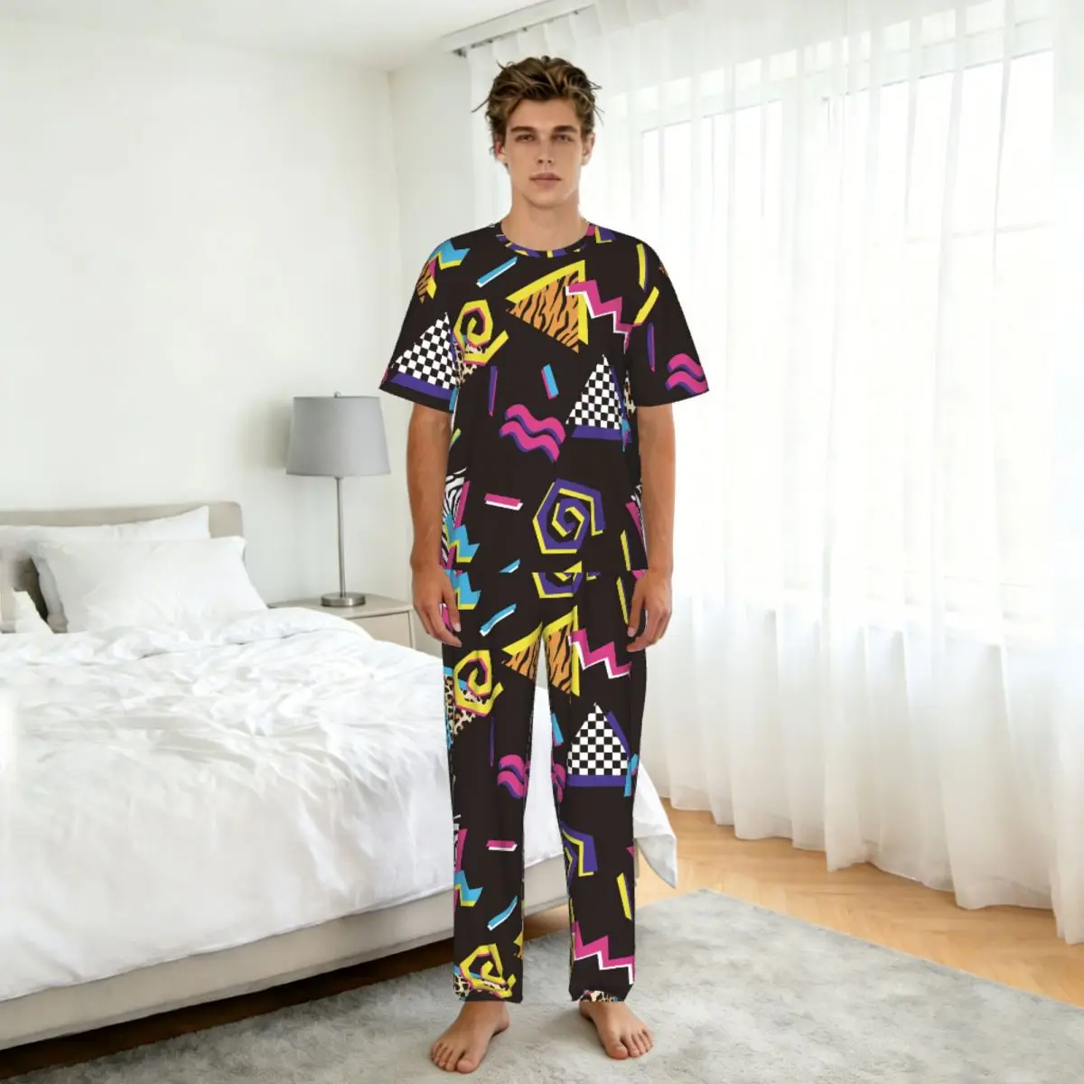 Men Pajamas Suit Short Sleeved Long Pants Abstract Shapes And Animal Prints 90'S Style Sleepwear Summer Home Clothing Set view 5